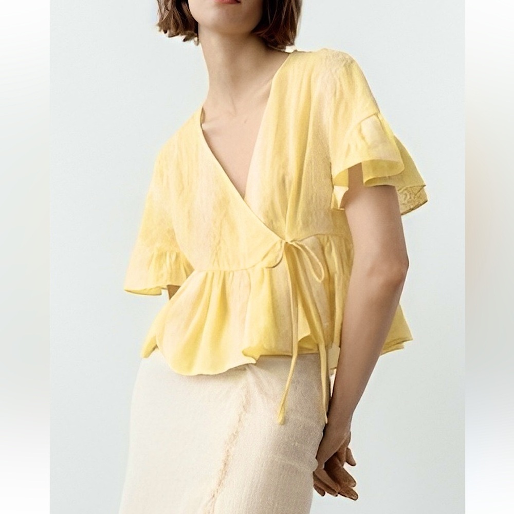 Zara Ruffled Sleeve Embroidered Peasant Wrap Top Yellow Size Medium
